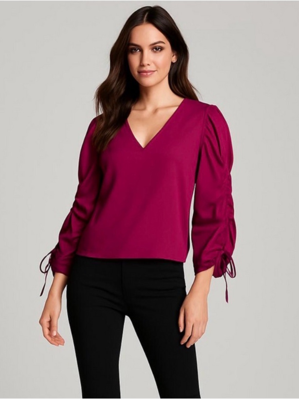Trina Turk Dressy Blouse, Ruched Bell Statement Sleeves, Cherry Red, Size S